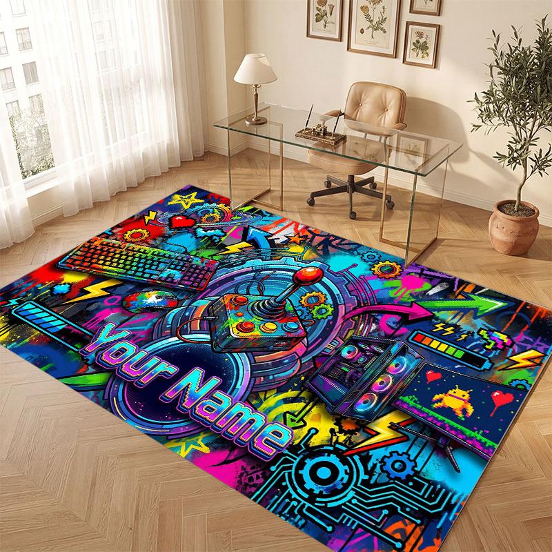 City Cyberpunk Theme Crystal Velvet Floor Rug Personalized Custom Name Text Warm Carpet Home Decoration