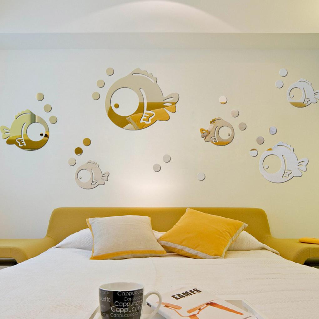 3D Fish Wall Sticker Home Decor Art Mural DIY for Living Room Acrylic Crystal Bathroom Mirror Stickers, L, Silver
