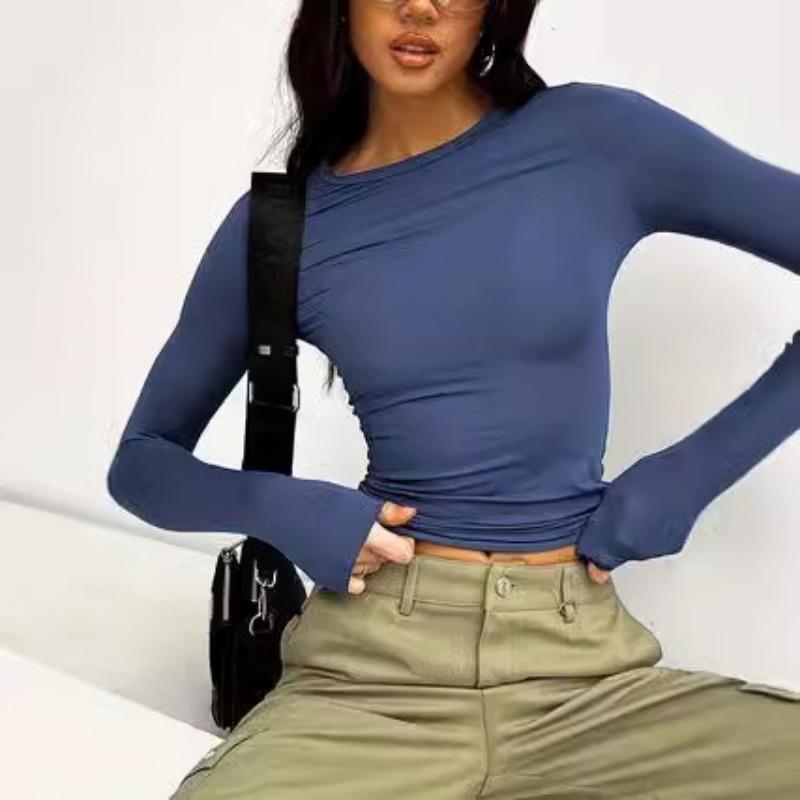 Solid Color Casual Round Neck Long Sleeved T-shirt Top