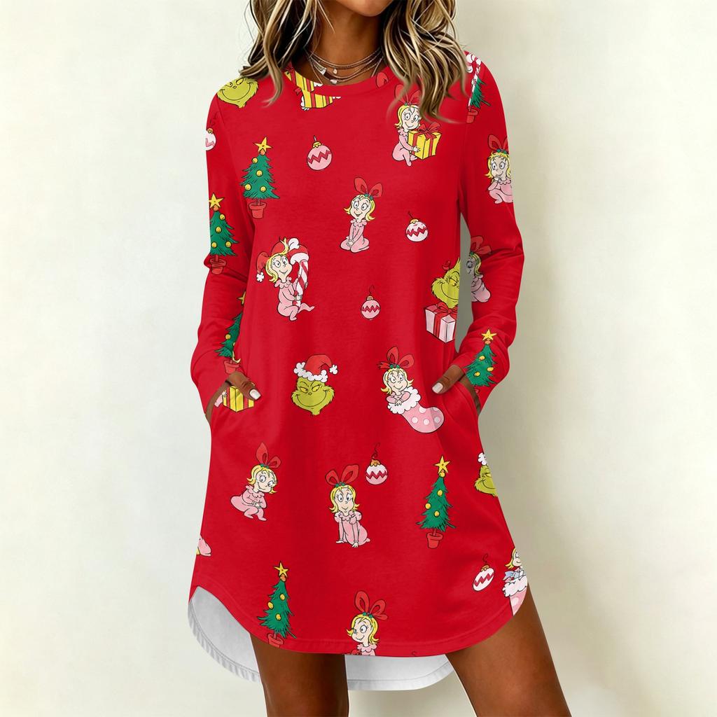 Women's Casual Long Sleeve Neck Dress with Christmas Print for Holiday Party