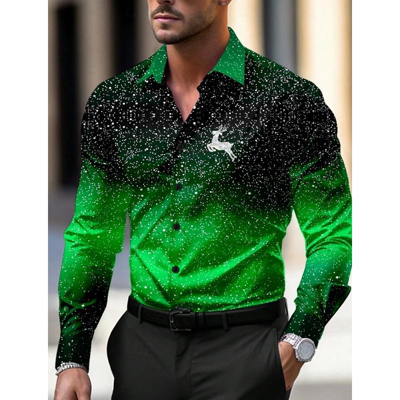 Camicie da Uomo a Tema Natalizio con Stampa Alberi di Natale Grafiche Degradé Fiocchi di Neve Camicie a Manica Lunga Button-Up Top alla Moda