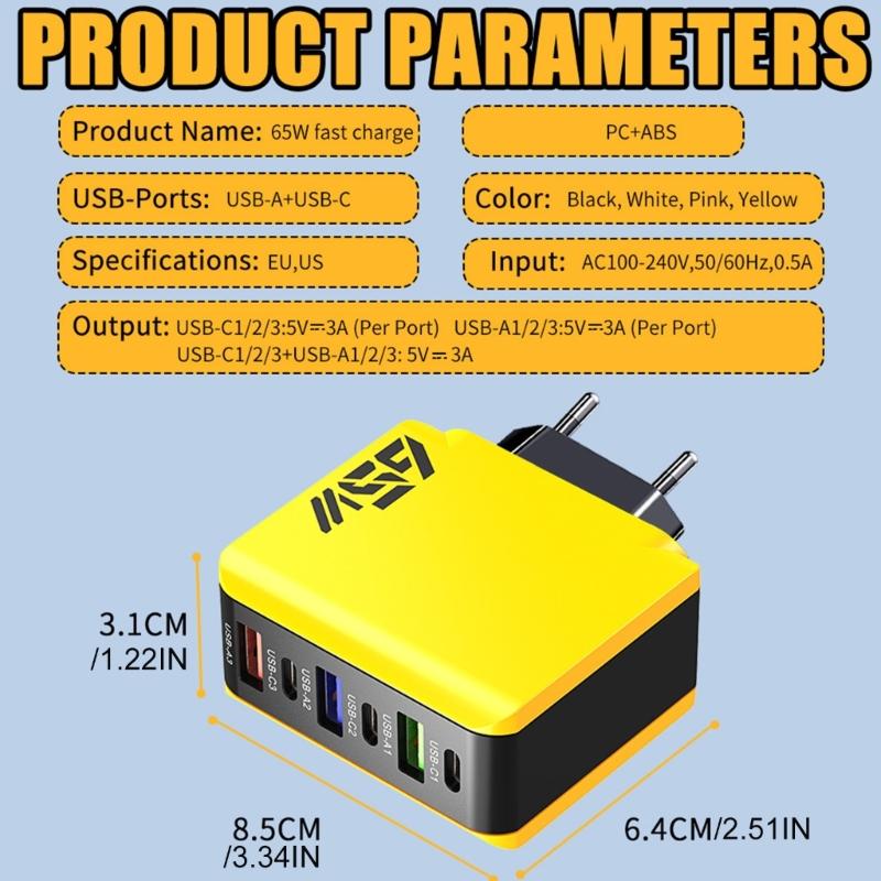 Multifuntional 65W Wall Charging Adapter USB Type C 6 Port Intelligent Power Desktop Charging Station ABS Texture