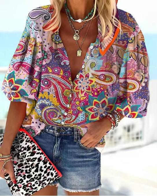 #Fashion Summer Women's Stand-Up Collar Loose Button Retro Printed Casual Shirt
