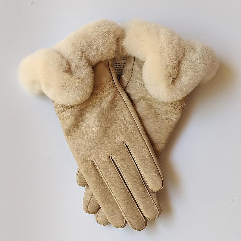 Women Winter Genuine Sheepskin Leather Glove With Rex Rabbit Fur Cuff Warm Winter Female Genuine Leather Gloves Hand Warmer