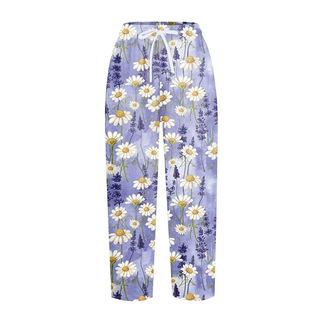 Women's Wide Leg Pants High Waist Casual Print Lace-up Elastic Waist Loose Casual Pants Cropped Pants