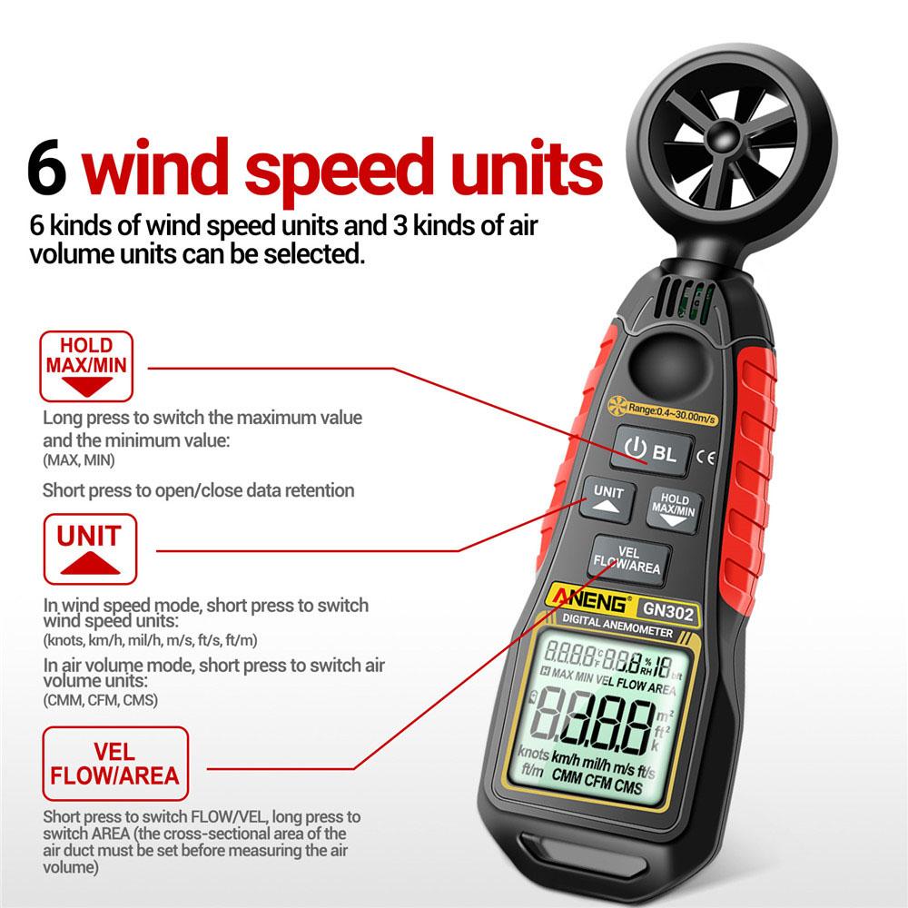 Ruční anemometr LCD 4 číslice 9999 čítačů digitální větrné anemometry 0,4~30,00 m/s měření rychlosti a teploty