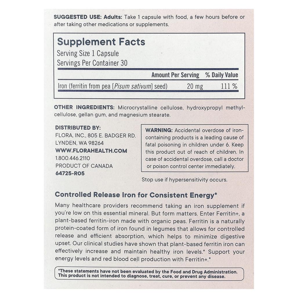 Ferritin+®, Plantebasert ferritinjern, Veggkapsler med forsinket frigivelse, 30 (20 mg per kapsel)