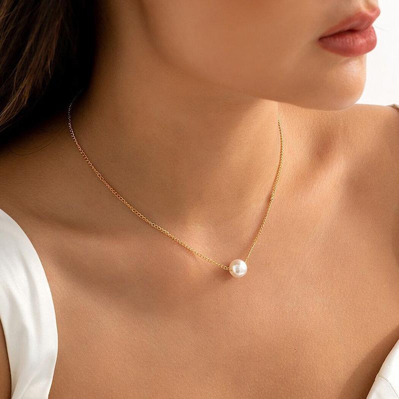 LATS Stainless Steel Chain 5mm White Pearl Pendant Necklaces for Women's Clavicle Chain Jewelry Girls Party Gift