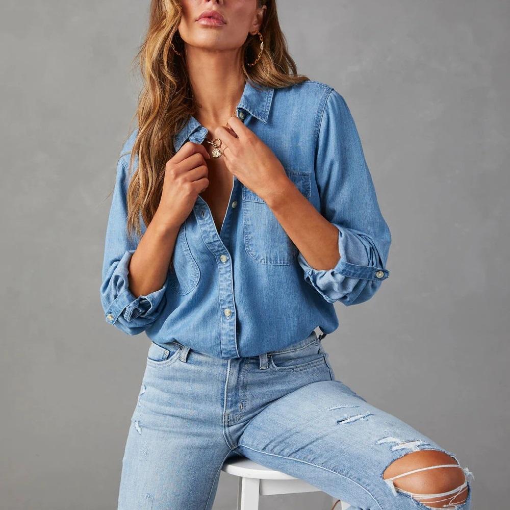 Women Denim Shirts Solid Color Turn Down Collar Long Sleeve Jean Blouses Single Breasted Loose Casual Tops Streetwear