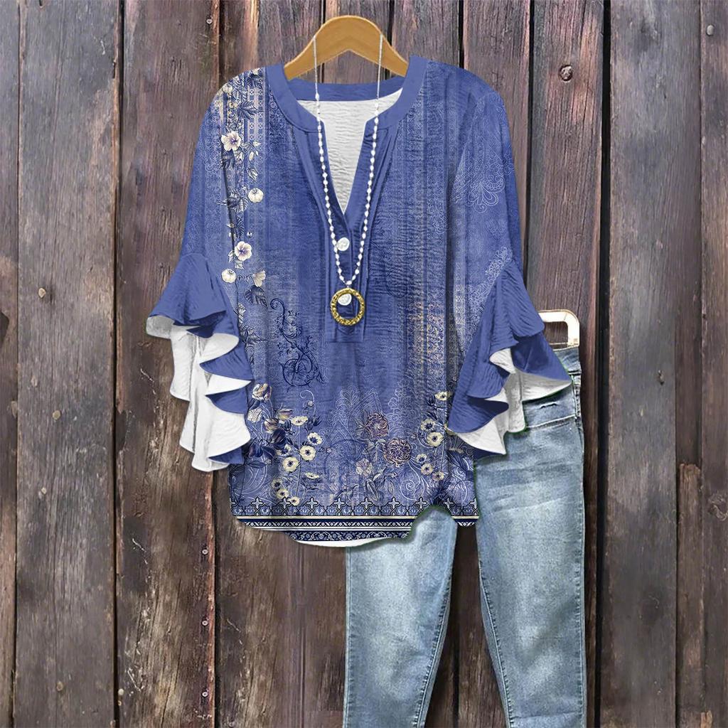 Modă Femei Casual Buton Gât V Mânecă Șapte Bluză Top Imprimeu Vintage