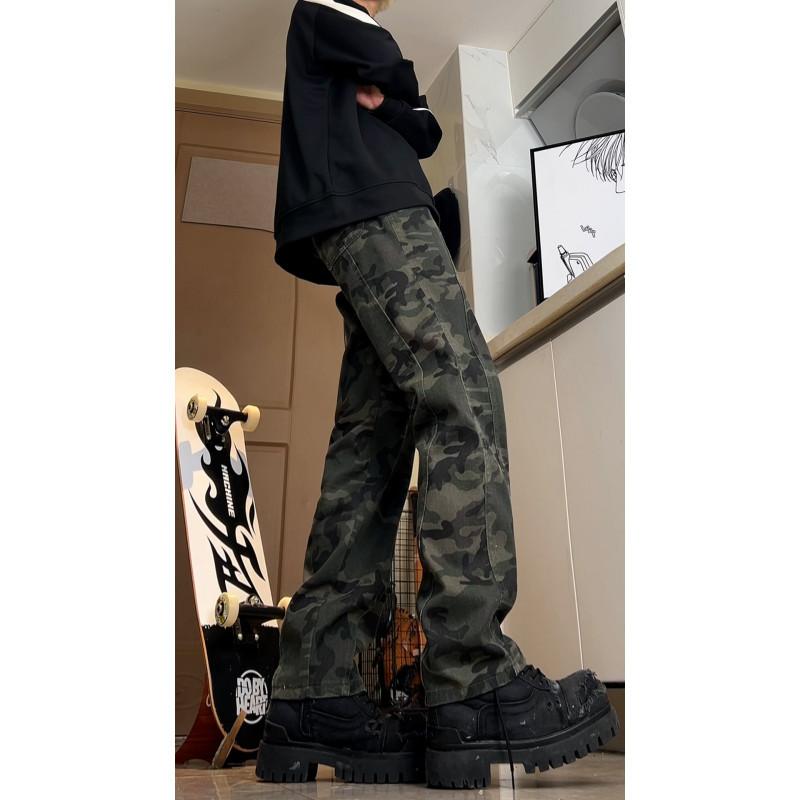 American High Street Work Camouflage Jeans Heavy Industry Washed Niche Design Micro Pull Pants Men's and Women's Vibe Long Pants