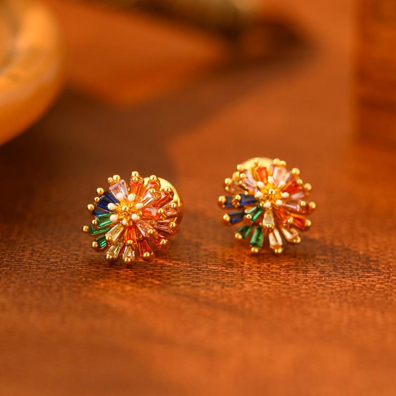 Dopamine Colorful Zircon Firework Stud Earrings Light Luxury Vintage Minimalist Jewelry for Women