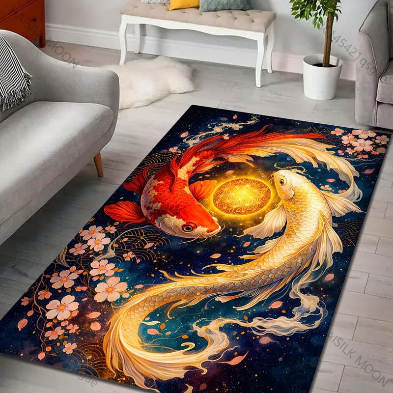 Multiple sizes Red and white koi circling orb Carpet for Living Room Bedroom Sofa Home Decor Rug Non-slip Floor Mat Luxury Gift