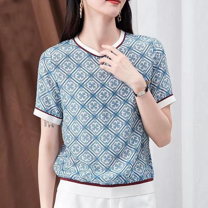 Summer Round Neck Vintage Printing T-shirt Women Short Sleeve All-match Pullover Top Ladies Loose Causal Tee
