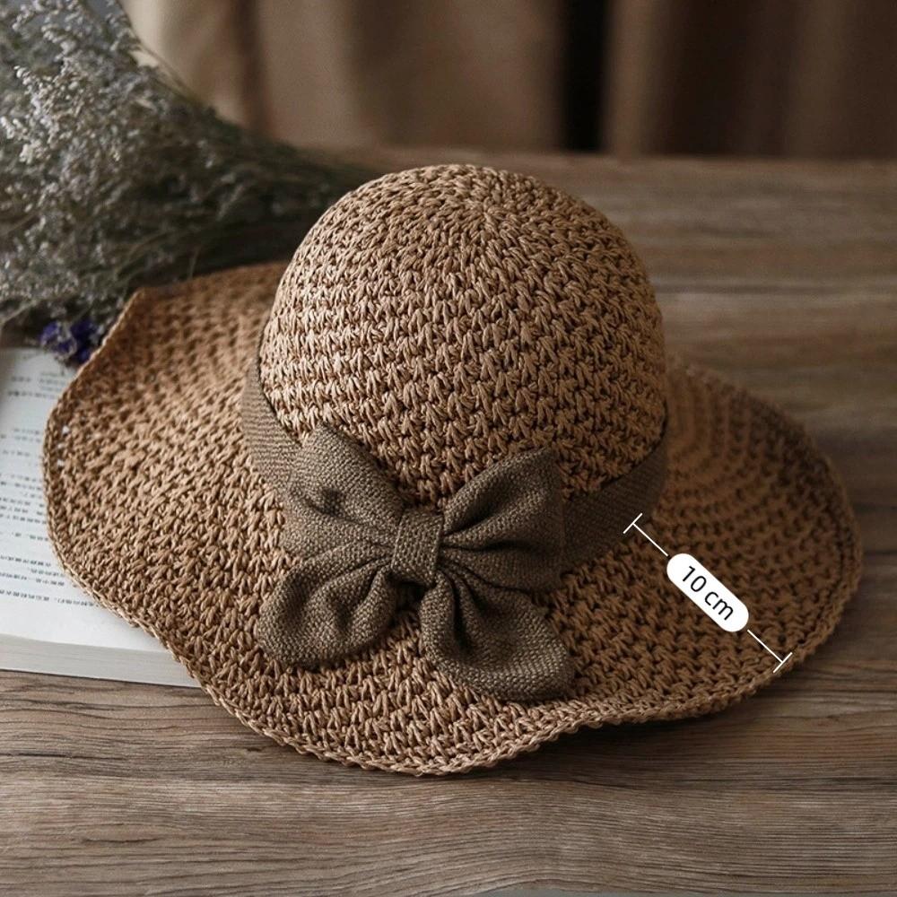 Vintage Atmungsaktiver Geflochtener Strohhut Faltbar mit Schleife Strandkappe Breitere Krempe UV-Schutz Sonnenschutzhut Damen