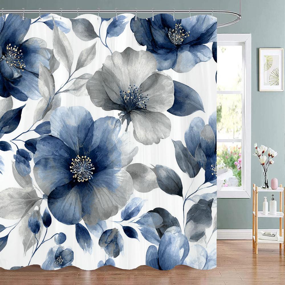 Watercolor Flowers And Plants Patterns Shower Curtain, Bathroom Decorative Shower Curtain, Waterproof Shower Curtain With Hooks