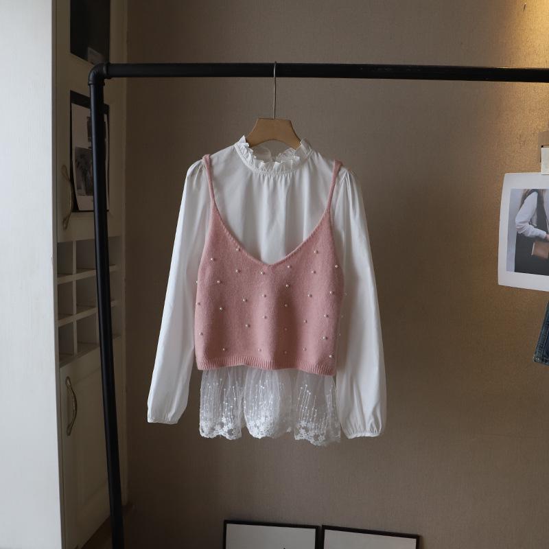 

Весна 2025 Корейская рубашка с кружевной вставкой и длинным рукавом с вязаной майкой-камисоль с бисером для женщин One Size розовый