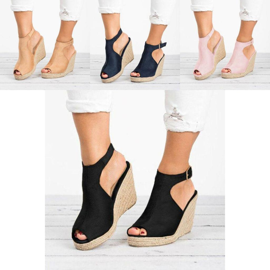 Elegant Women's Sandals Casual Wedges Heel Straw Platform Peep Toe Ladies Buckle Shoes