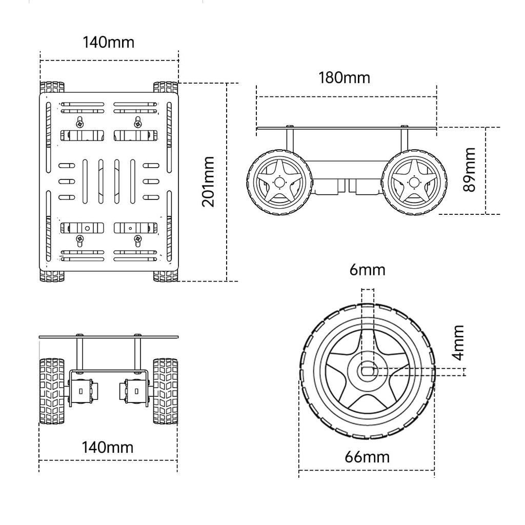 LewanSoul Robot Chassis 4WD Smart Chassis Aluminum Alloy TT 66mm Robot Mobile Platform Robot Car DIY Kit Kit, Car, Chassis, Motor, Wheels, (Black,