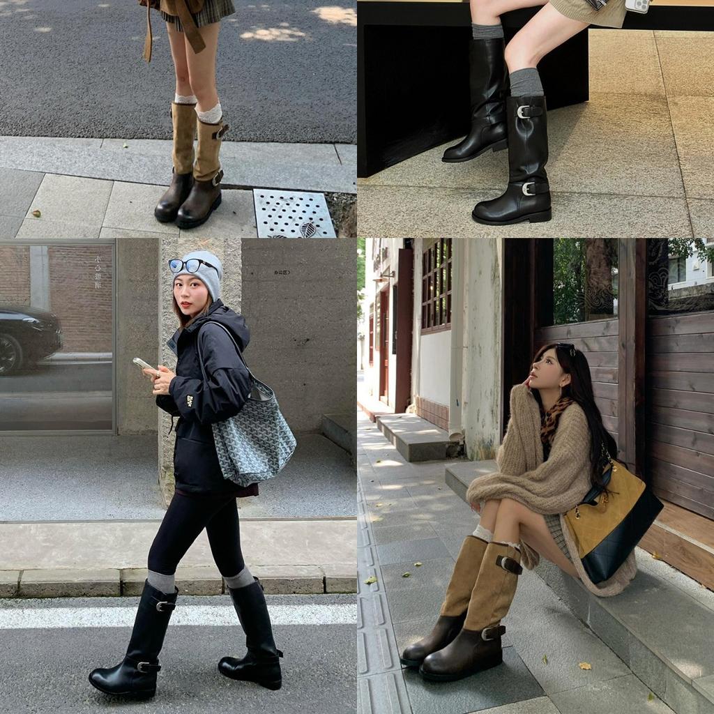 Thick-soled Boots Children's Retro Wrinkles Pile Medium Boots Belt Buckle But Knee Thick Heel Skinny Knight Boots Women