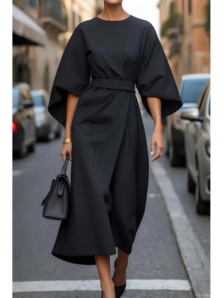 Damen 2026 Elegantes einfarbiges Taillengürtel Fledermausärmel Langes Kleid für Freizeit und formelle Anlässe