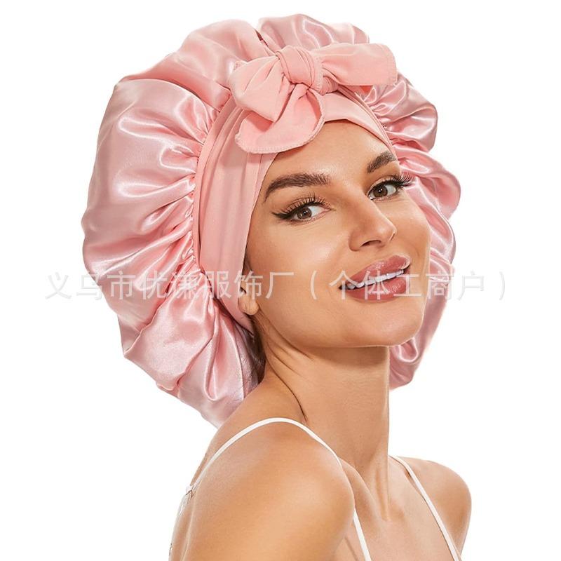 Ladies Satin Ribbon Round Cap Satin Bow Nightcap Hair Care Cap Extra Large Beauty Hair Care Cap