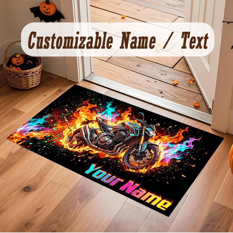 Motorcycle Biker Theme Soft Crystal Velvet Rug Custom Name & Text Print Non Slip Floor Rug for Bedroom Living Room