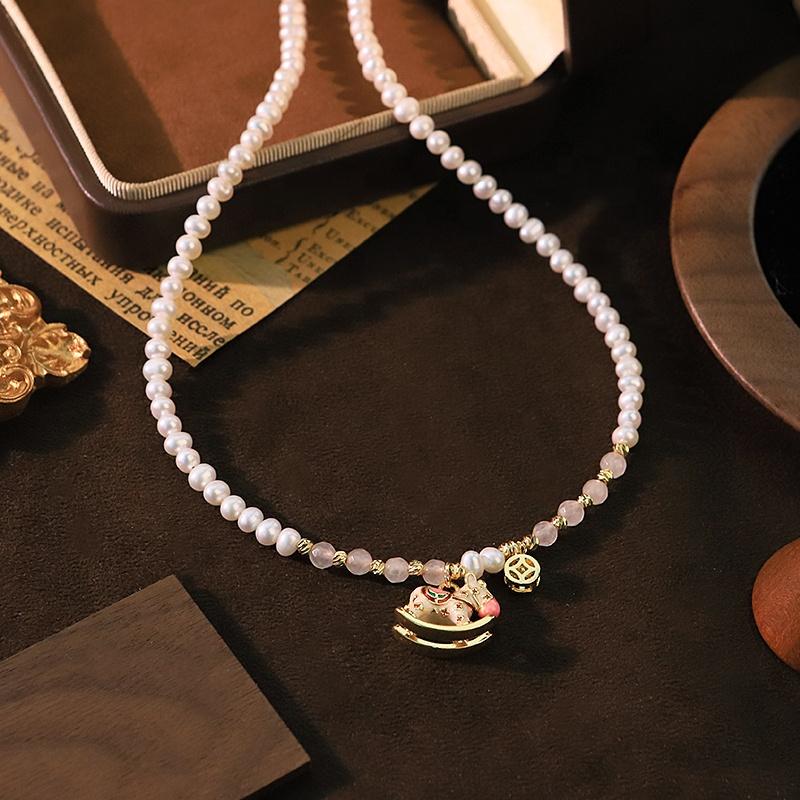 GLSEEVO Natural Freshwater Pearl Pink Rocking Horse Necklace for Women Birthday Gift Pink Crystal Beads Choker Dainty Jewelry