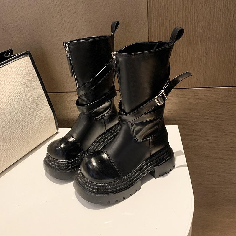 

Новые ботинки до середины голени для осенней моды, на платформе, с металлическими пряжками и застежкой-молнией спереди, нескользящие, на блочном каблуке 40