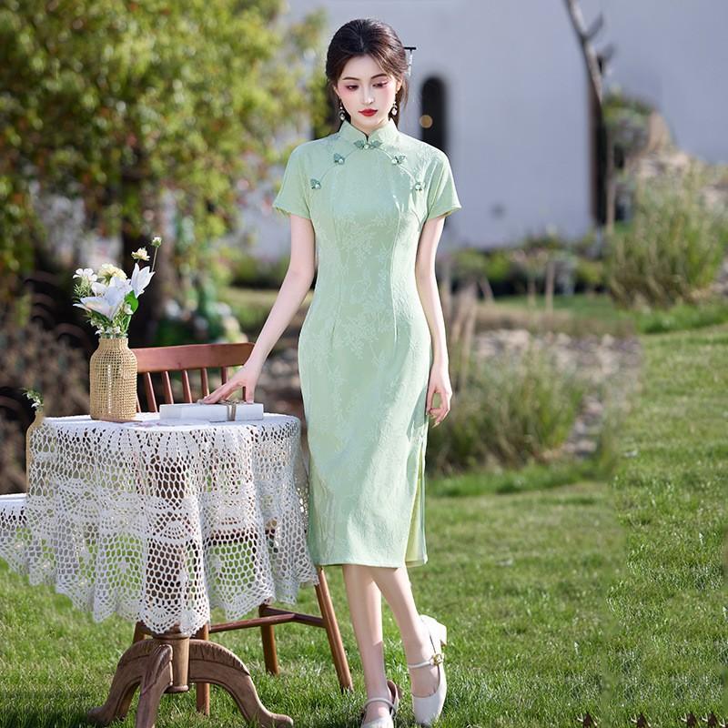 Womens Modern Chinese-Style Long Cheongsam Dress Pink Jade Knit Jacquard Short Sleeve Retro Fit