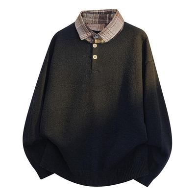 Fake Two-piece Shirt Sweater Half Button Men's Autumn and Winter New Knitted Bottoming Shirt