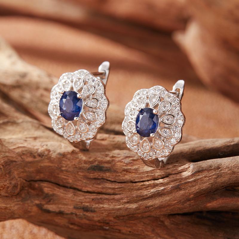 Retro Hollow Pattern Natural Sapphire Stud Earrings Women'S S925 Sterling Silver Colored Jewelry