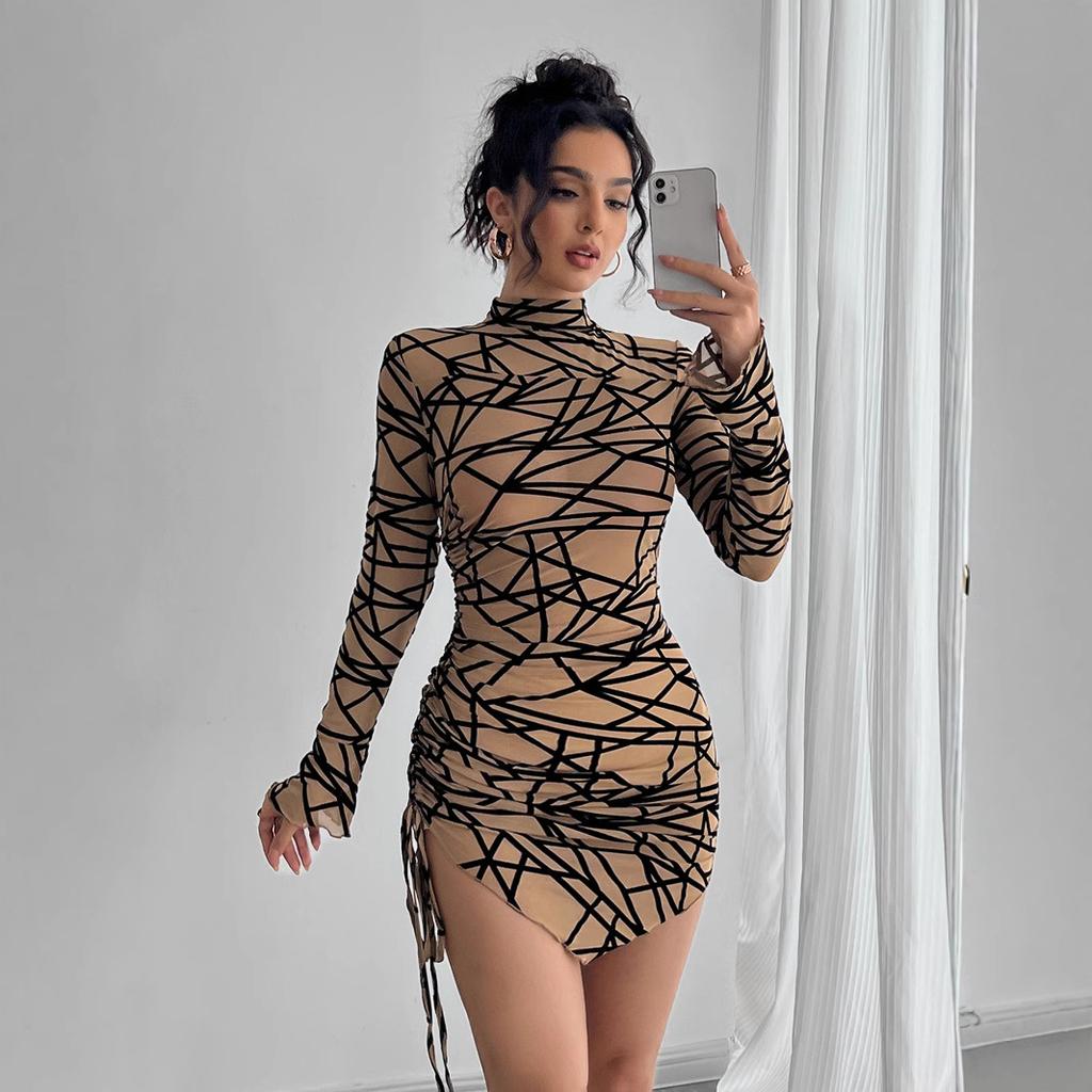 Autumn Winter Women Slim Fit Side Drawstring Small Stand Collar Long Sleeve Irregular Mini Dress Mature Style Retro Sexy Elegant Women Dress