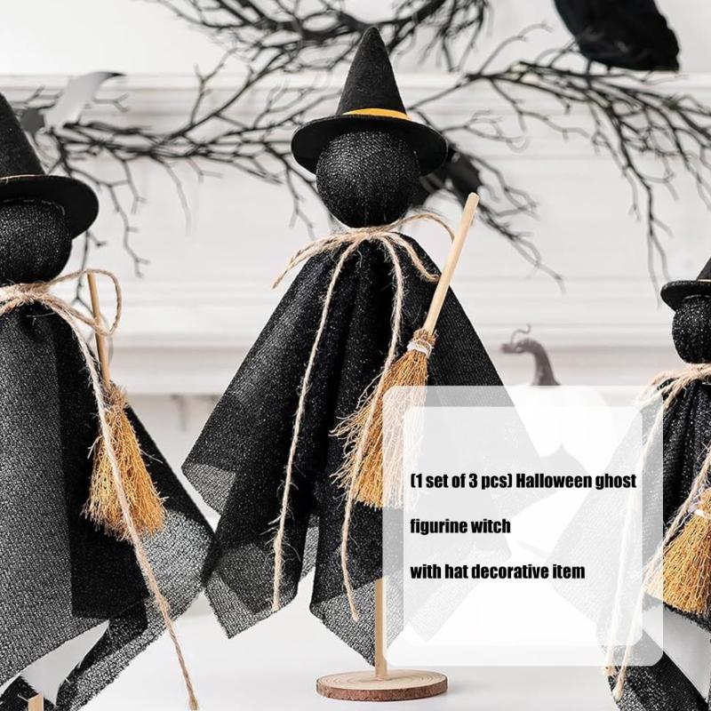3 Piece Cotton Fabric Witch Specter Decorations For Halloween Home Party Display Wooden Base Accessories Set