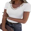 Women Lace V Neck Short Sleeve Fitted Solid T Shirt