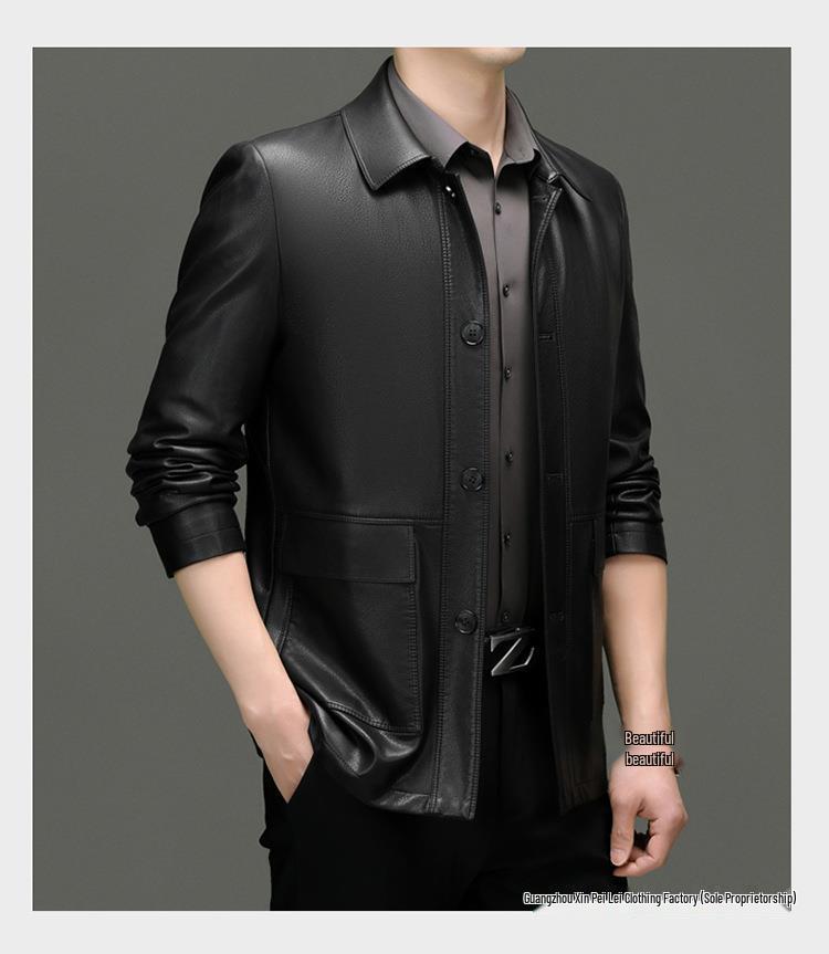 Men's Casual Sheepskin Leather Jacket: Turn-Down Collar, Ideal for Spring/Autumn, Perfect for Middle-Aged and Elderly.