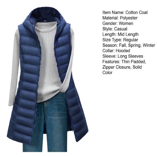 Yousheng Lady Winter Cotton Coat with Hood Thin Padded Windproof Sleeveles Solid Color Mid Length Waistcoat Zipper Closure Cardigan Outerwear