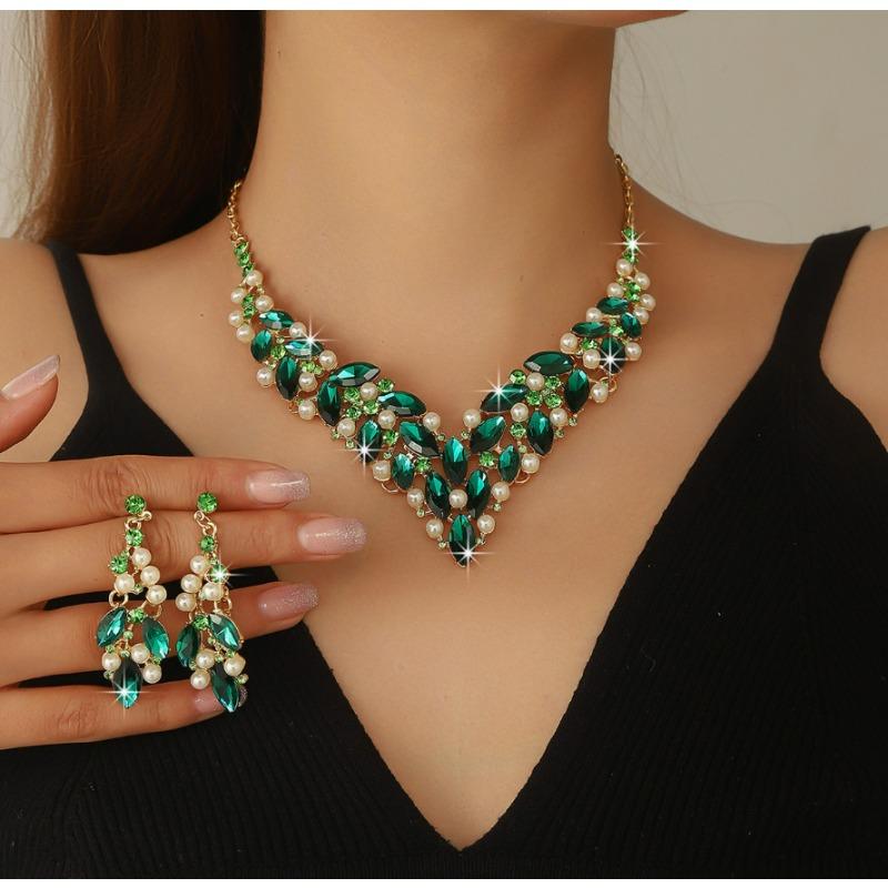 Bow Rhinestone Fringed Necklace Earrings Women's Two-piece Set, Wedding Temperament Noble and Elegant Collarbone