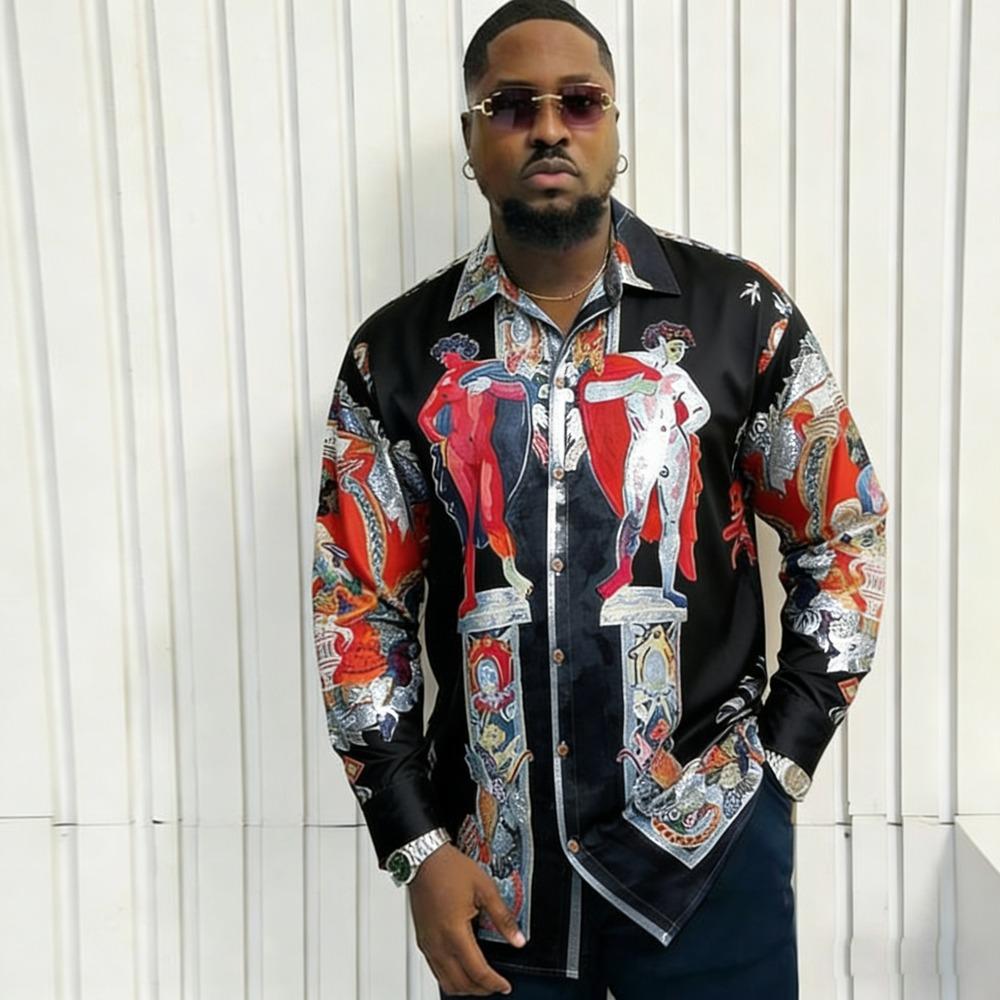 Men's French Long Sleeve Shirt Baroque Pattern High Definition Printed Shirt