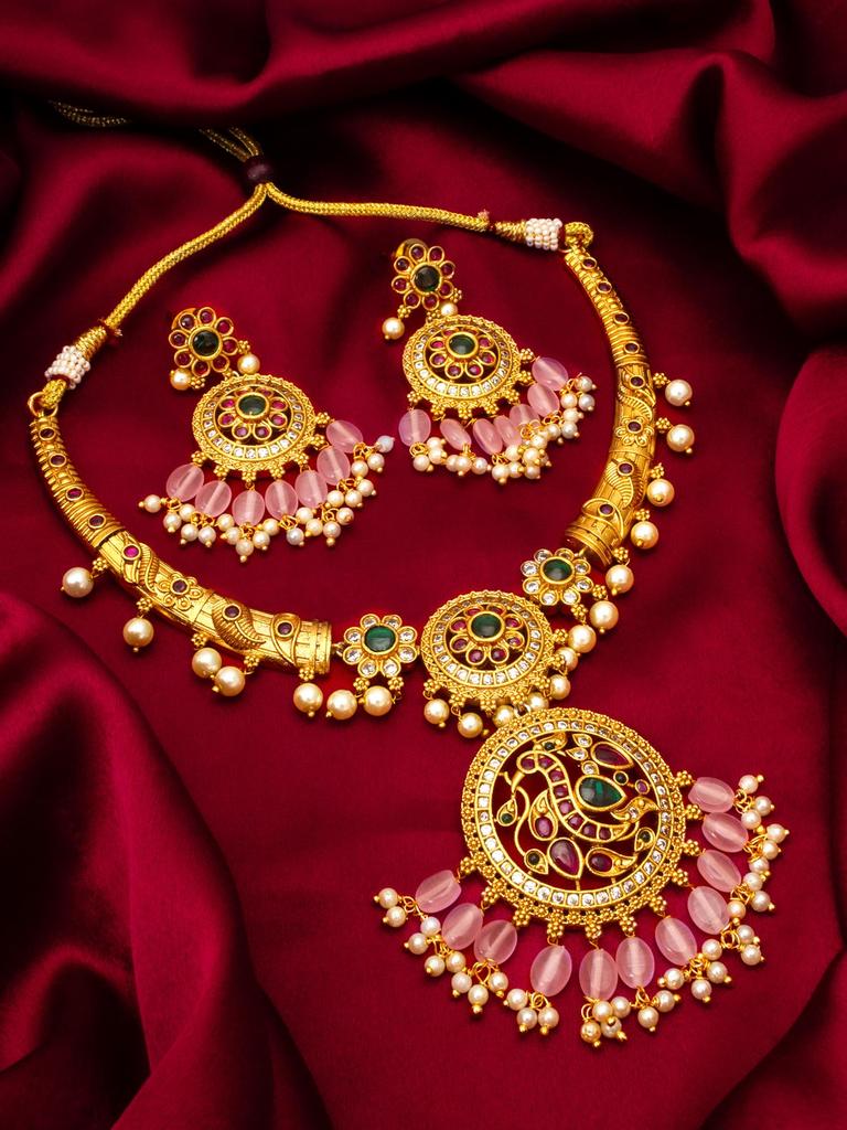 Gold-Plated Multi Stone-Studded & Beaded Temple Jewellery Set