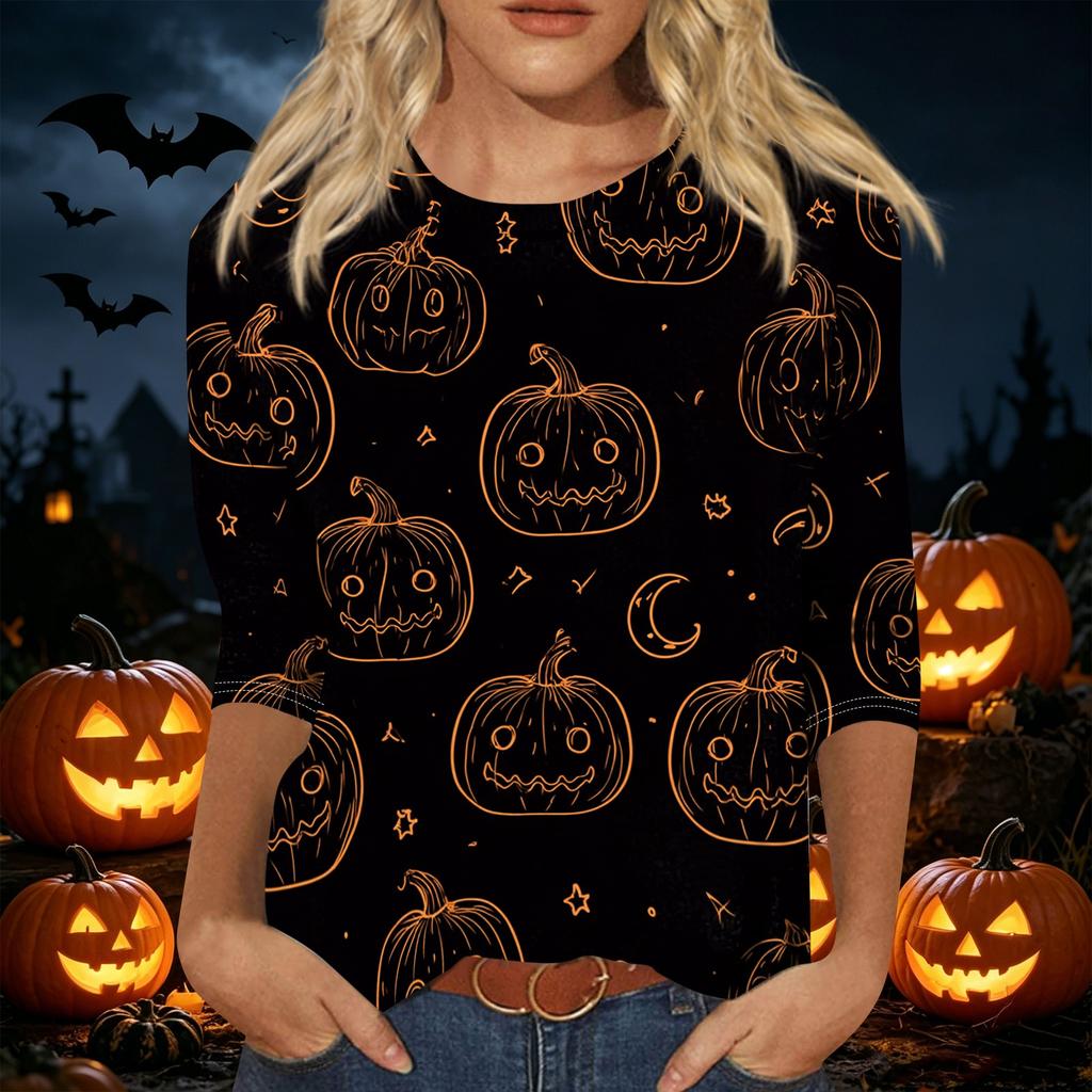 Women Casual Three Quarter Sleeve Halloween Print Round Neck Top Lightweight Comfortable Fit Seasonal Shirt for Everyday Wear