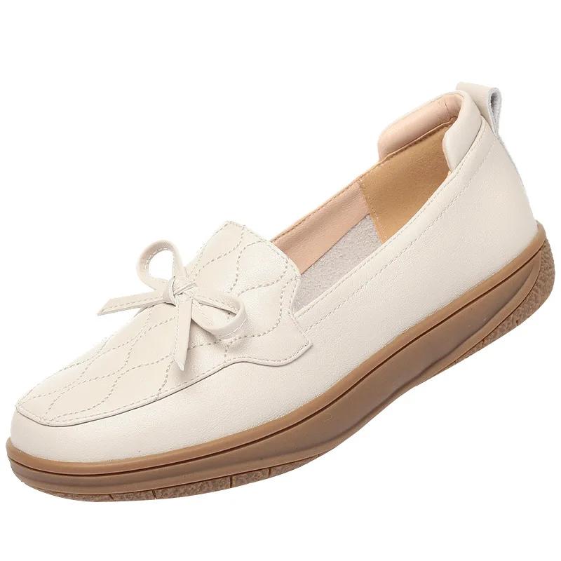 2.5cm Fashion Comfortable Shallow Mouth Soft Leather Shoes Women Flats Fall 2025 Sweet Bow Loafers Non Slip Shoes for Office Mom