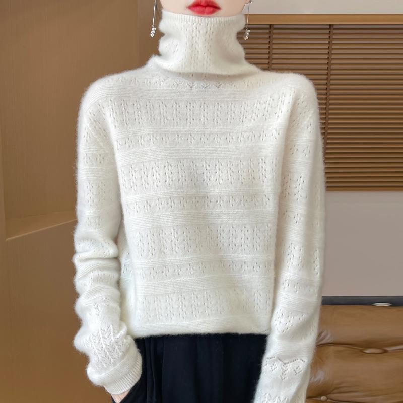 

2024 Autumn/Winter 100% Pure Wool Seamless Turtleneck Women s Openwork Knit Sweater Small