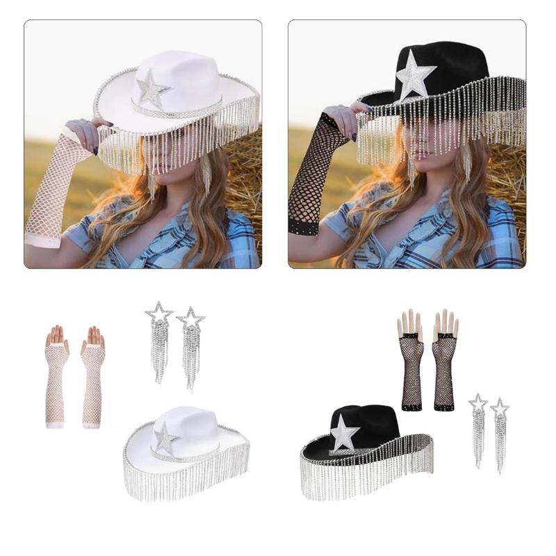 Western Cowboy Hat ArmSleeves for Bridal Shower Cowgirl Earrings Costume Set Lady NightClub Dress Up Masquerades Suit