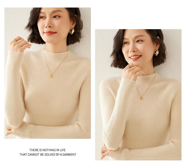 Women's Cashmere Striped Sweater: Slim-Fit Fashionable Pullover with Half-High Collar for Autumn & Winter