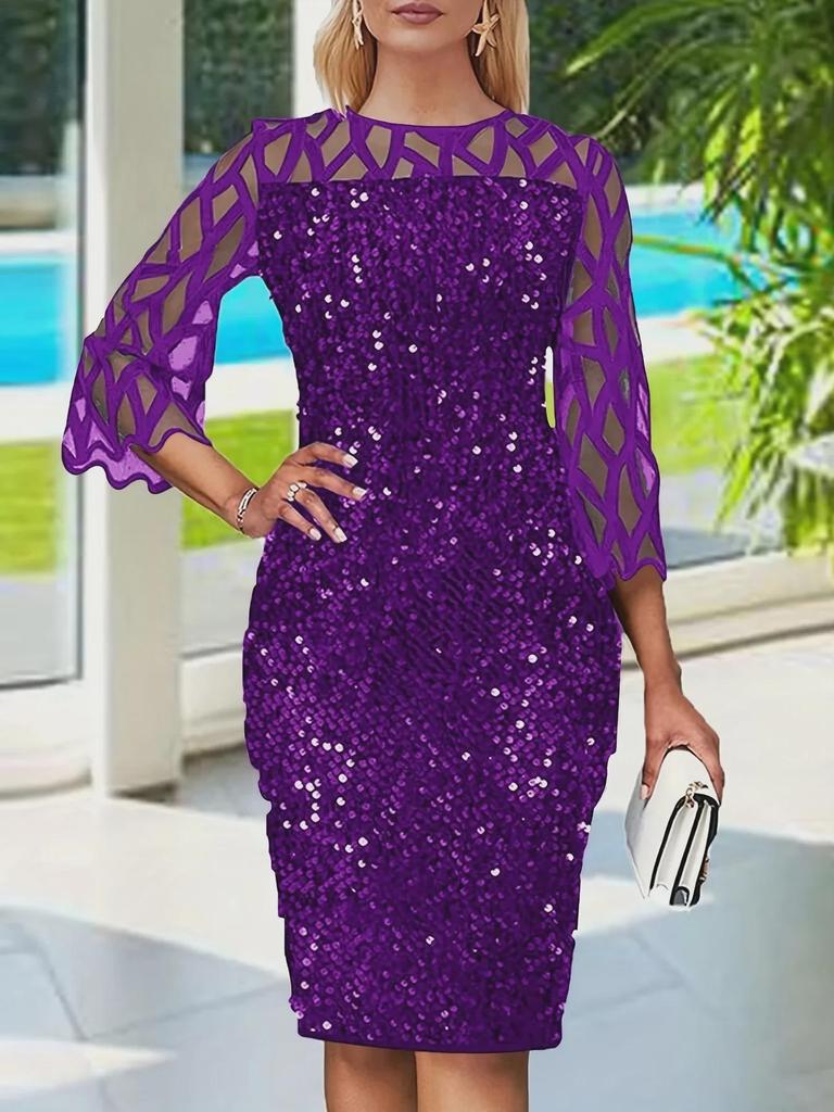 Women's European & American Round Neck Shiny Slim Party Dress with Mesh Three-Quarter Sleeves