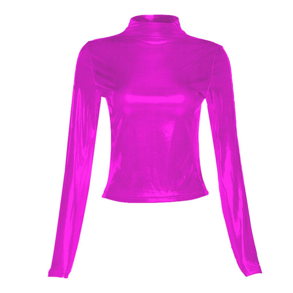 Womens Shiny Long Sleeve T-shirt Fashion Metallic Mock Neck Slim Fit Tops Party Clubwear