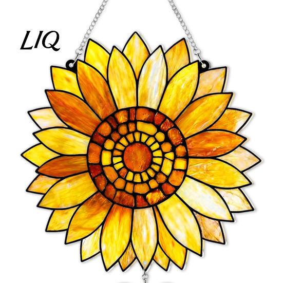 Garden Porch Decoration Stained Glass Style Sunflower Pendant, Floral Wall Hanging Art with Metal Artistic Window Ornament Chain, Acrylic for