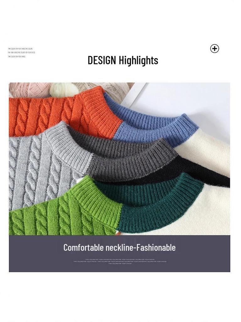 Men's Autumn/Winter Color Block Crew Neck Sweater - Trendy, Warm, Loose Knitwear, Casual Base Layer