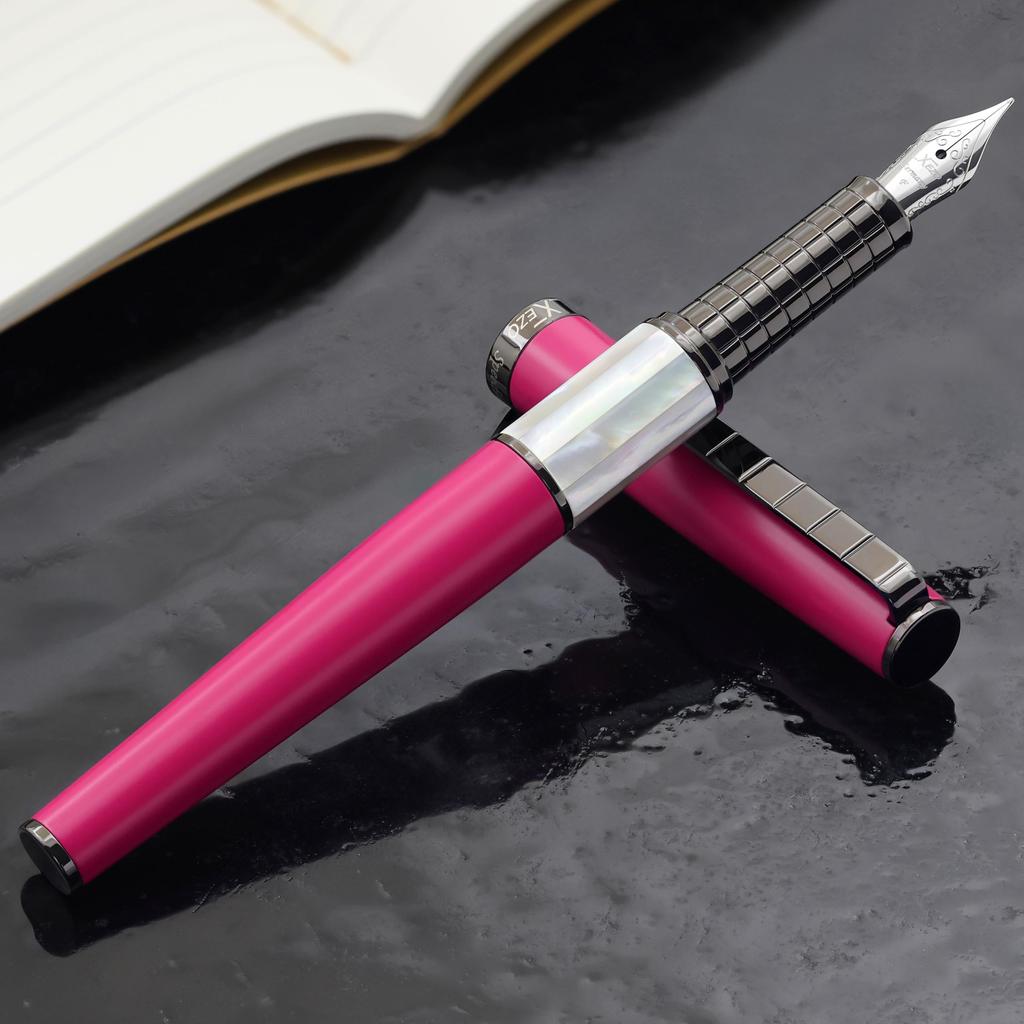Xezo Speed Master Fountain Fine Matte Celis Fuchsia with White Gunmetal Lightweight Brass No Two are Pen, Nib. Mother-of-Pearl. Plated. Body. Alike.